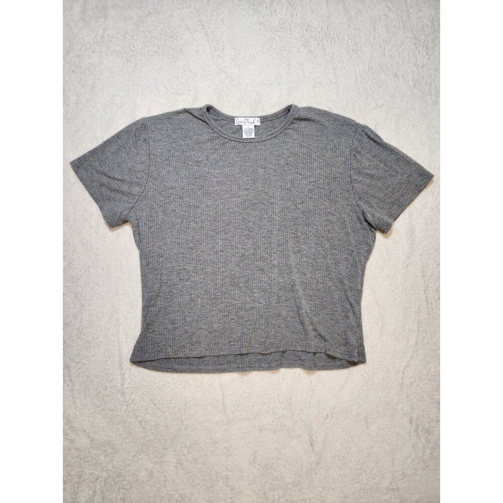 Women's Size L Crop Top Short Sleeve Grey Ribbed Knit Crew Neck